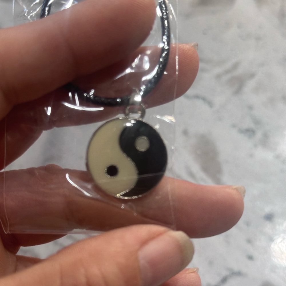 Yin Yang Pendant Necklace - Black & White Charm on Faux Leather Cord